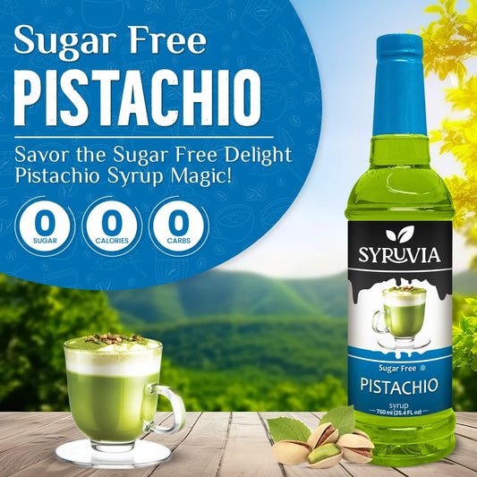 Bottle of Syruvia sugar-free pistachio syrup with a clear label and green pistachio nut illustration on the front.