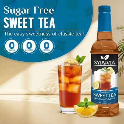 Bottle of Syruvia sugar-free sweet tea syrup with a clear label and dark syrup inside, designed for adding flavor to beverages.