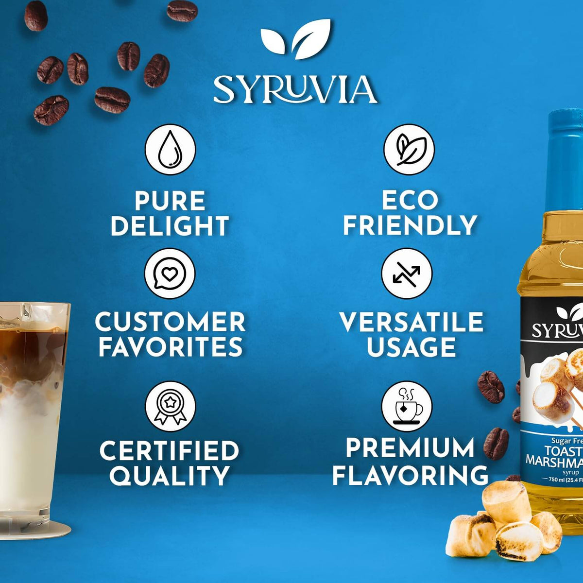 Sugar-free toasted marshmallow syrup by Syruvia, showing a bottle with rich caramel-colored syrup and a toasted marshmallow flavor label.