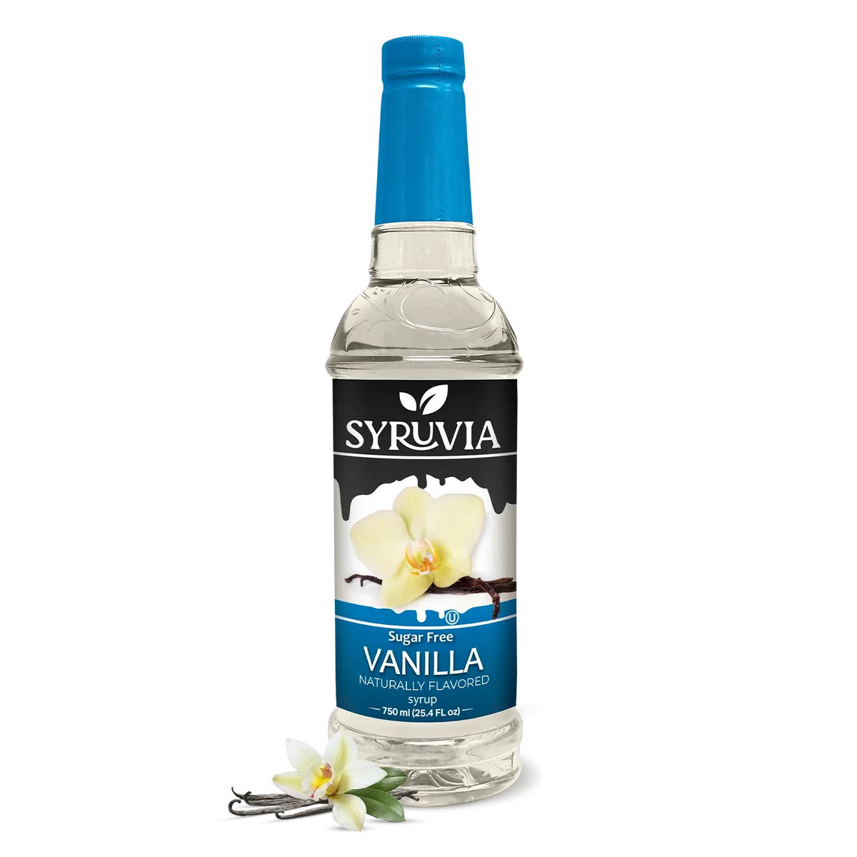 Sugar free vanilla coffee syrup bottle from Syruvia with clear label and pouring spout, ideal for flavoring coffee drinks.