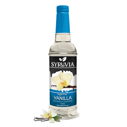 Sugar free vanilla coffee syrup bottle from Syruvia with clear label and pouring spout, ideal for flavoring coffee drinks.