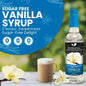 Bottle of Syruvia sugar-free vanilla coffee syrup showing the label and clear liquid inside.