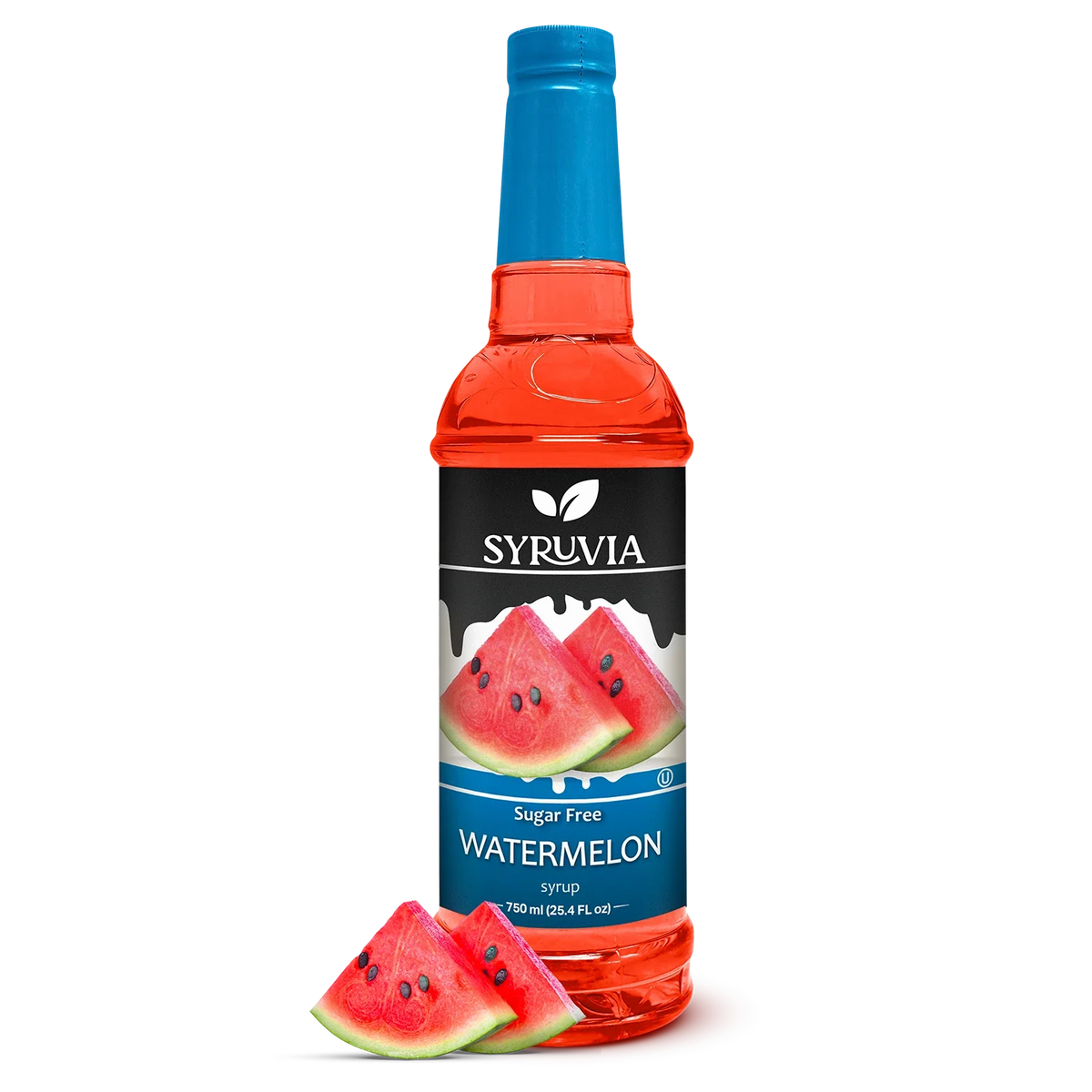 Bottle of Syruvia sugar-free watermelon syrup with a vibrant watermelon flavor and clear label on a white background.