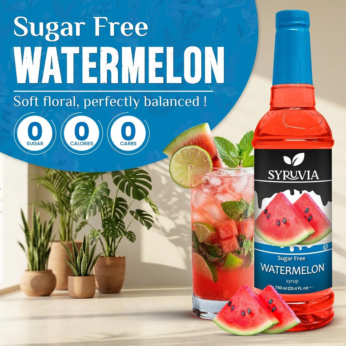 Sugar-free watermelon syrup by Syruvia in a clear bottle, with vibrant pink watermelon flavor and smooth syrup texture.
