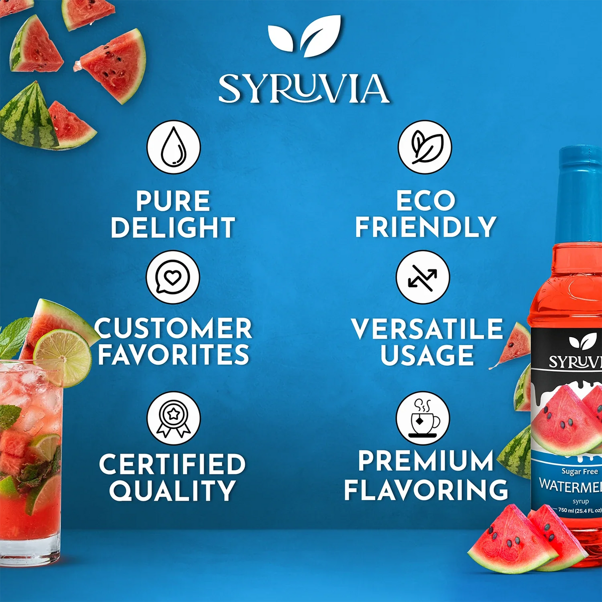 Bottle of Syruvia sugar-free watermelon syrup with a vibrant pink liquid and watermelon flavor label.
