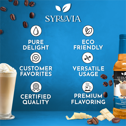 Sugar-free white chocolate mocha syrup by Syruvia in a clear bottle with a white cap, displayed against a plain background.