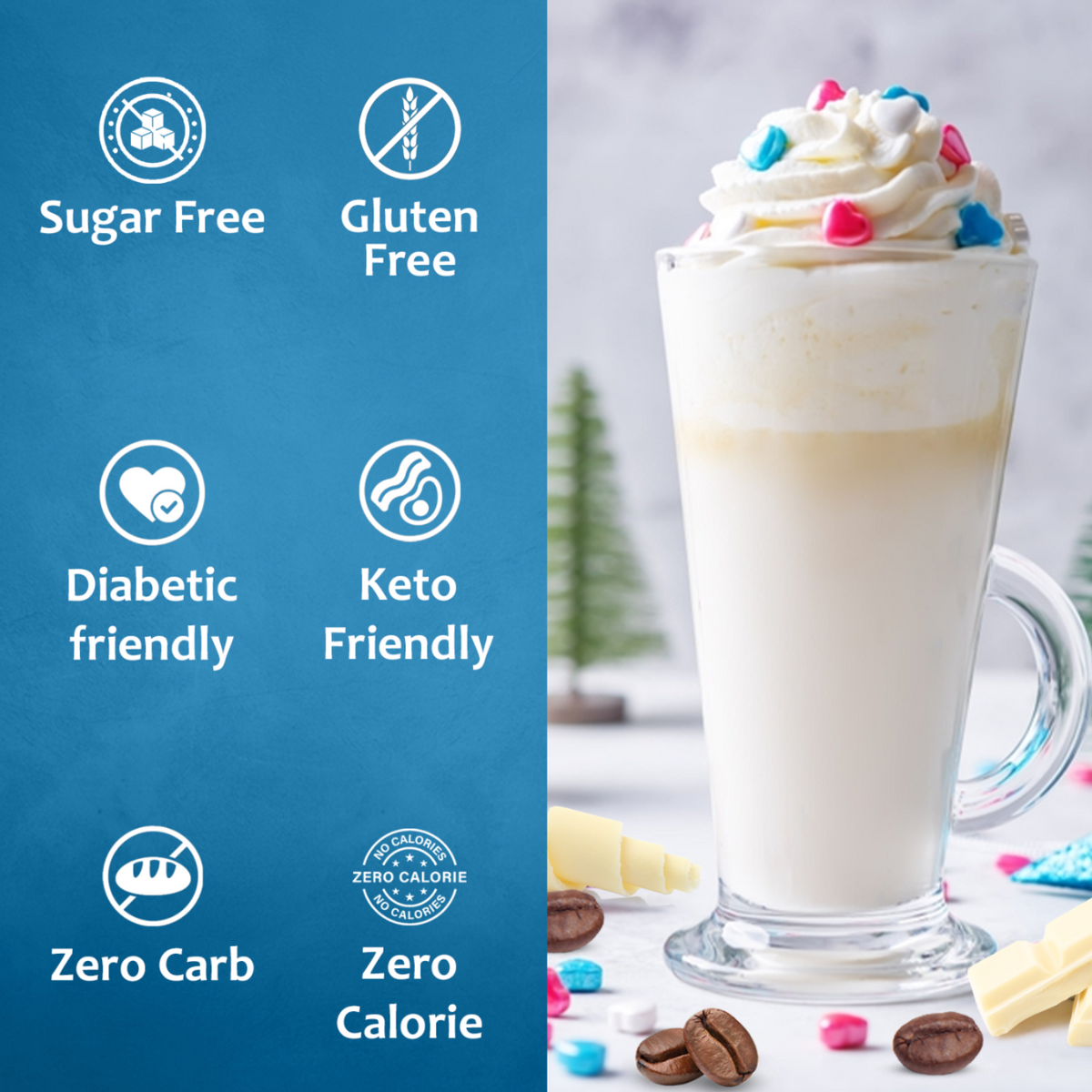 Sugar-free white chocolate mocha syrup bottle by Syruvia, with a white label and black cap, designed for coffee and dessert toppings.