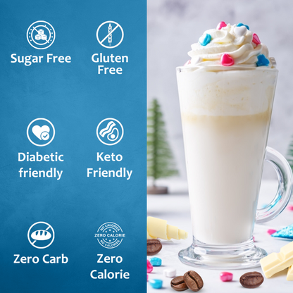 Sugar-free white chocolate mocha syrup bottle by Syruvia, with a white label and black cap, designed for coffee and dessert toppings.