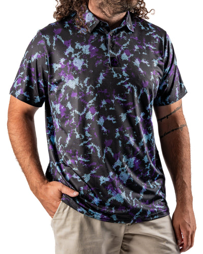 Men's Moon Burn polo shirt by Pins and Aces featuring a stylish summer design, displayed on a mannequin.