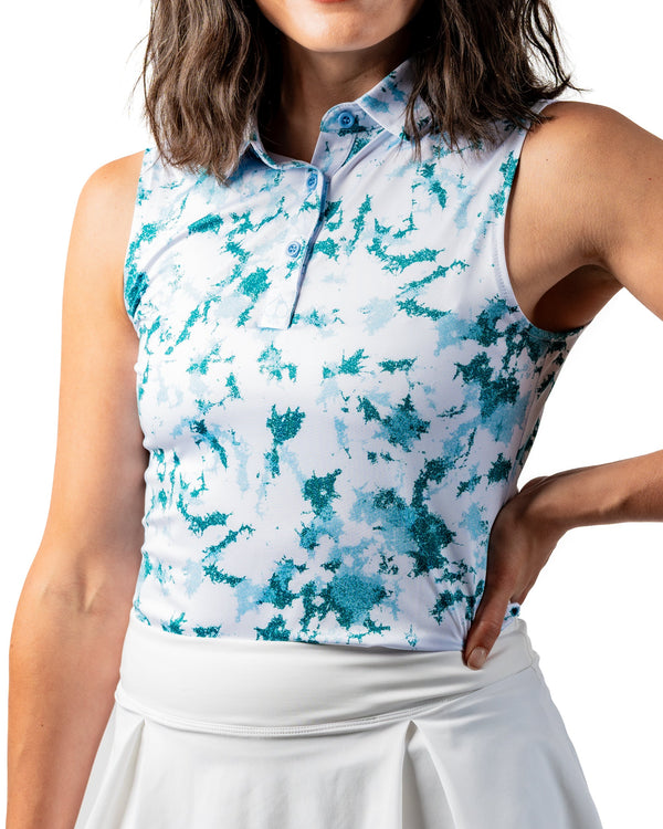 Women's Frost Burn polo shirt by Pins and Aces, lightweight fabric with a stylish summer design, shown on a model.