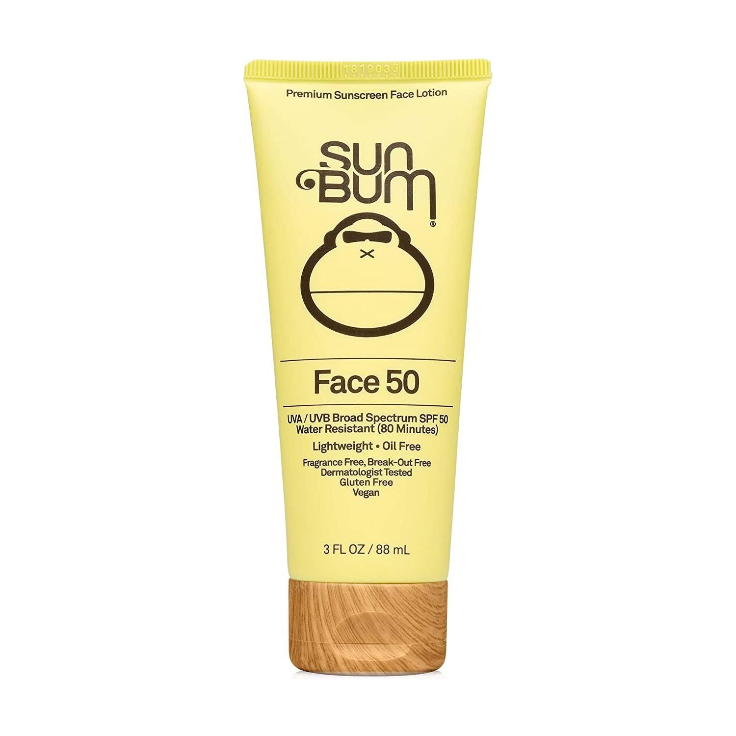 Sun Bum SPF50 face sunscreen lotion in 3oz tube, providing broad-spectrum sun protection for skin.