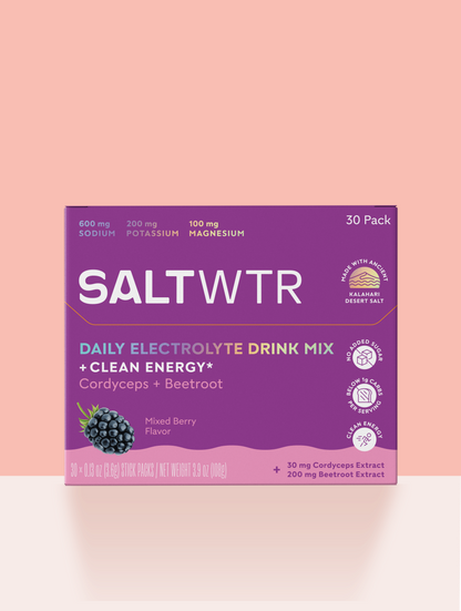 SaltWTR Mixed Berry Clean Energy SaltWTR bottle with vibrant berry flavor and clear branding on a sleek container.
