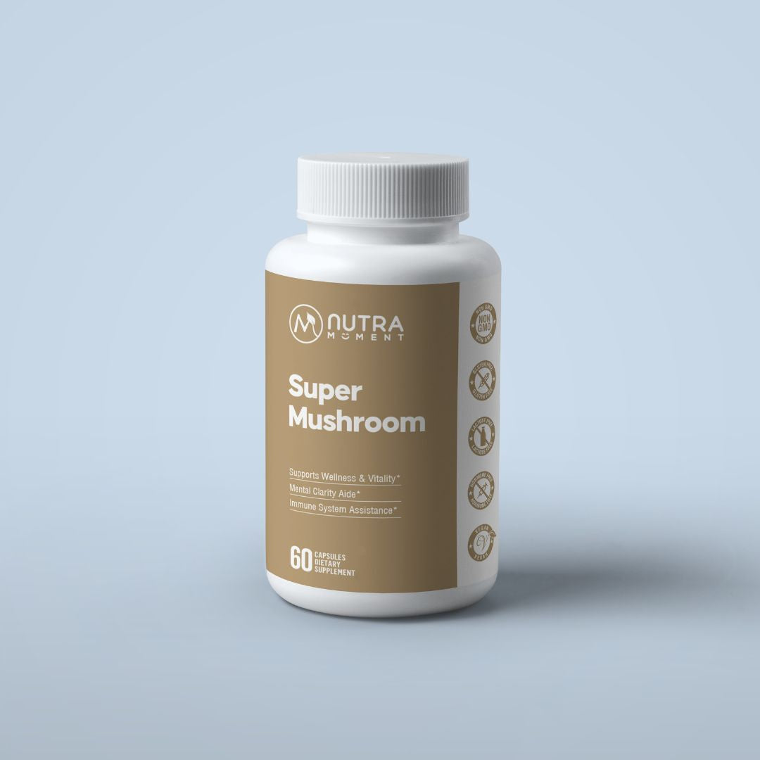 Nutra Moment Super Mushroom supplement bottle with label, showing health and beauty product for immune support and wellness