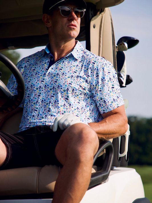 White Water Life Surfs Up Performance Polo in surfside color, featuring a classic polo design with surf-inspired accents.