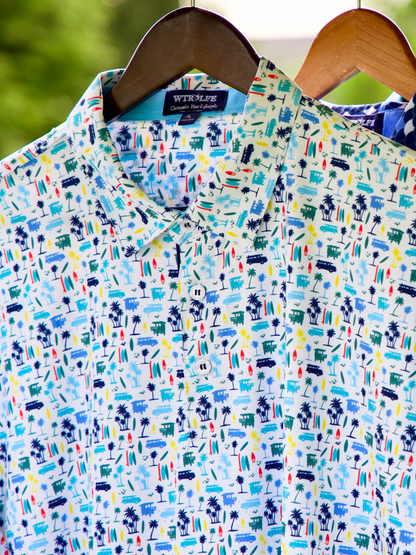White Water Life Surfs Up Performance Polo hanging on a hanger, showcasing its casual fit and stylish design.