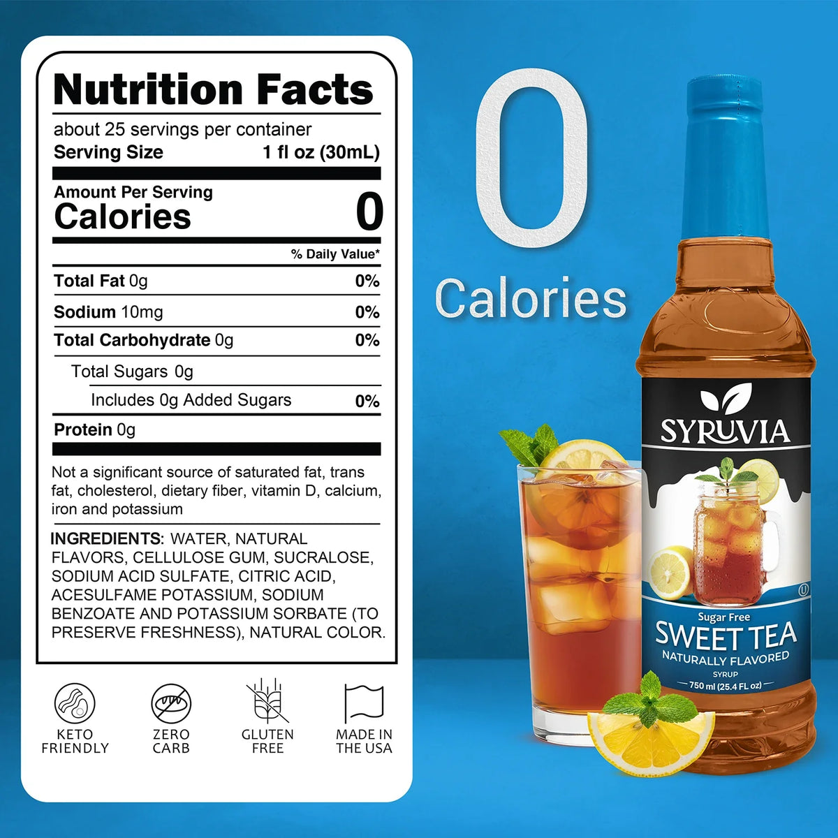 Bottle of Syruvia sugar-free sweet tea syrup with a clear label, showing the dark syrup inside and a clean, modern design.