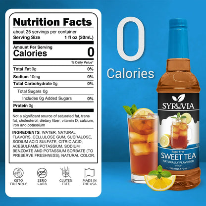 Bottle of Syruvia sugar-free sweet tea syrup with a clear label, showing the dark syrup inside and a clean, modern design.