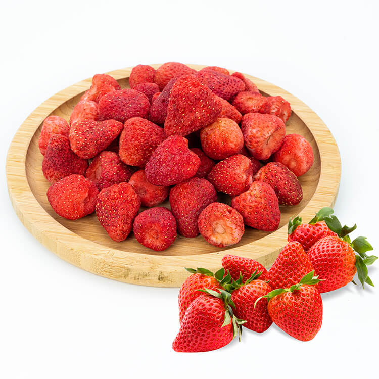 Sweetened freeze-dried whole strawberries from VFD.US, vibrant red fruit with a crisp texture, ideal for snacks or toppings.