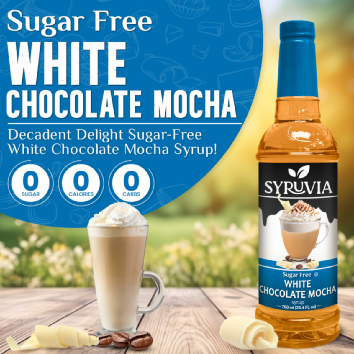 Syruvia sugar-free white chocolate mocha syrup bottle, showing the label and packaging for coffee flavoring.
