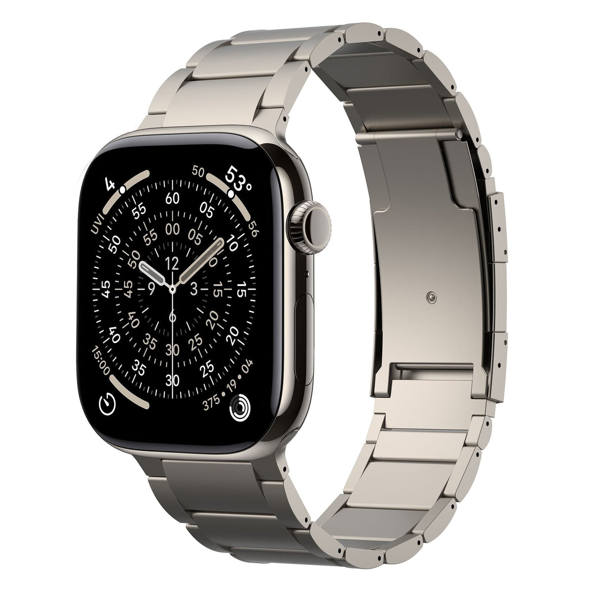 Robust titanium band T01, 46mm wide, showing a smooth, polished surface with subtle design details.