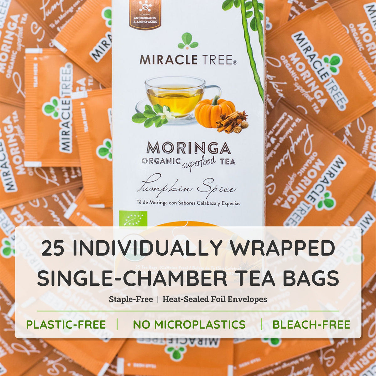 Organic Moringa Tea by Miracle Tree featuring pumpkin spice flavor, caffeine-free herbal tea with vibrant tea leaves and spice blend.