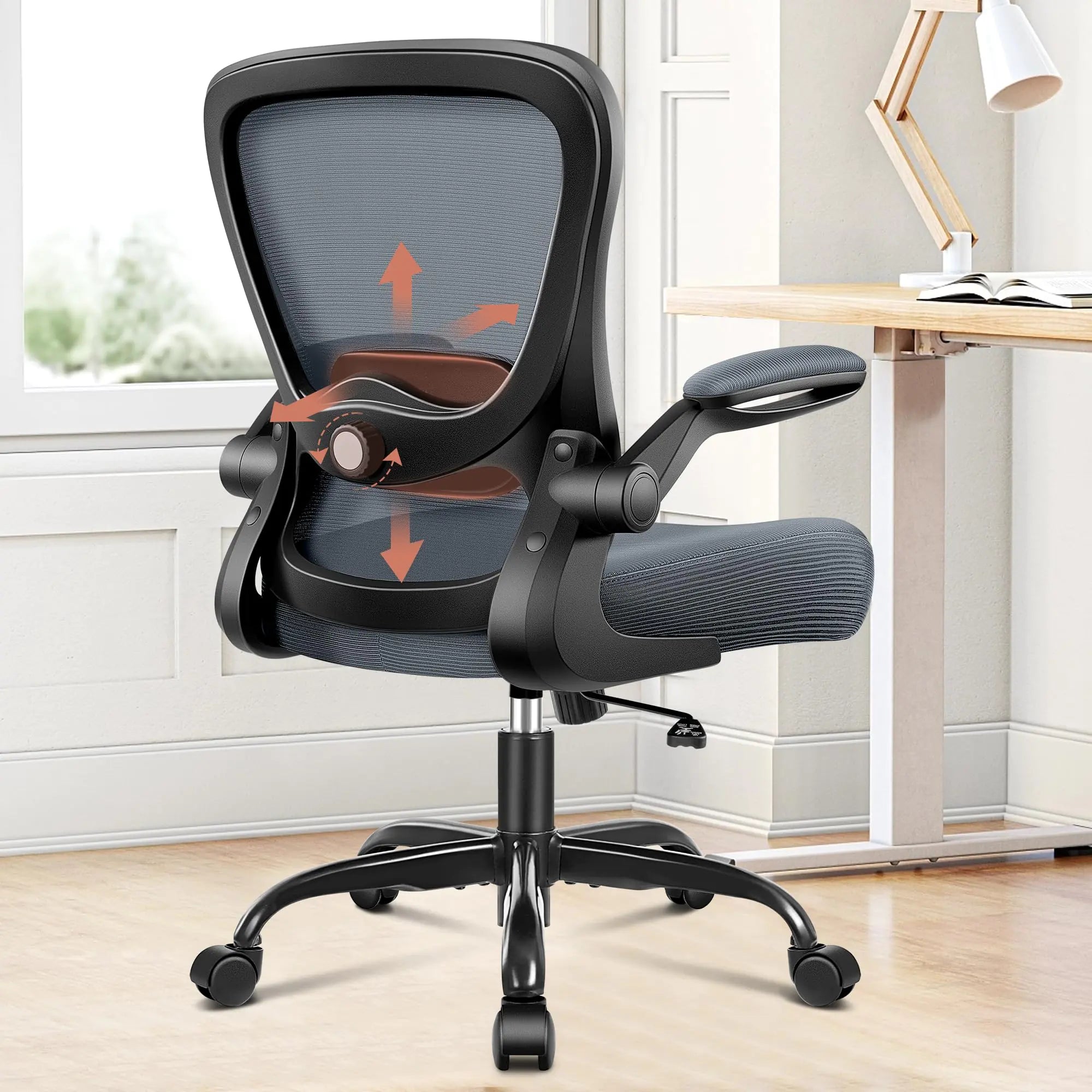 KERDOM Ergonomic Mesh Office Chair with Flip-Up Armrests Lumbar Support Thickened Cushion and Smooth-Gliding Wheels for Home Office Desk Computer Darkgray