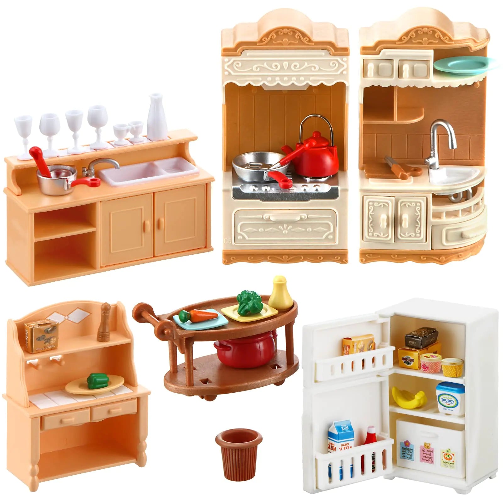 43 Pcs Dollhouse Furniture Kitchen Play Set Miniature Refrigerator with Mini Food Pots and Pans Set Pretend Play Kitchen Accessories Kitchen Toys