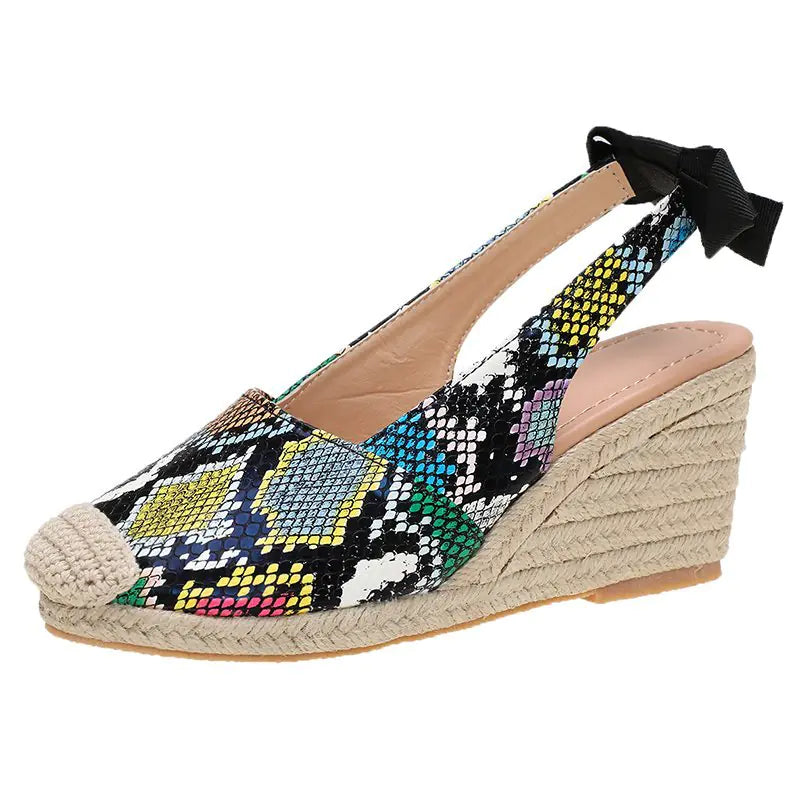 Summer Hemp Rope Wedges Sandals with Bow & Snake Print