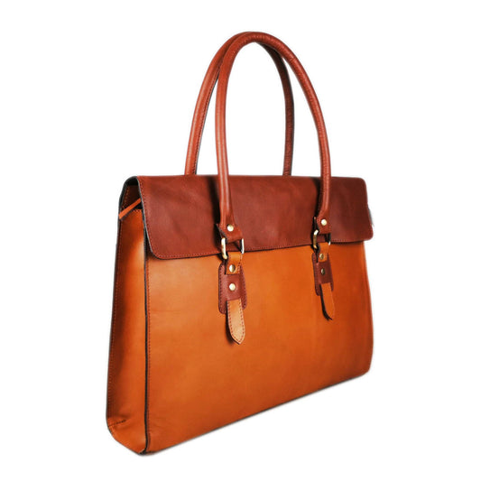 Tan leather laptop bag with flap closure, The Signature 17" Leather Laptop Bag by Good Hides, showing front view.