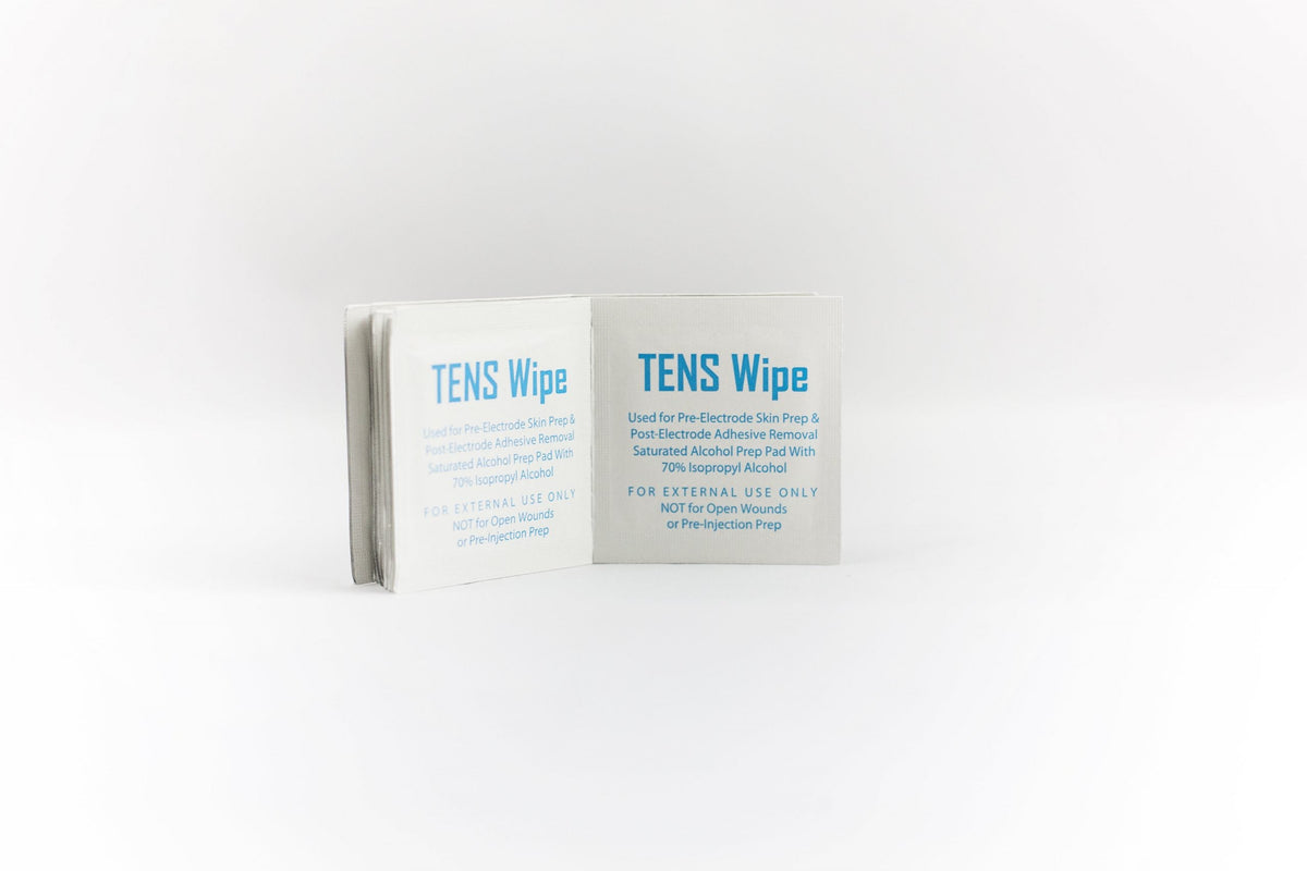 iReliev TENS Prep Wipes packs, disposable accessories for TENS therapy, showing individually wrapped wipes on a white background
