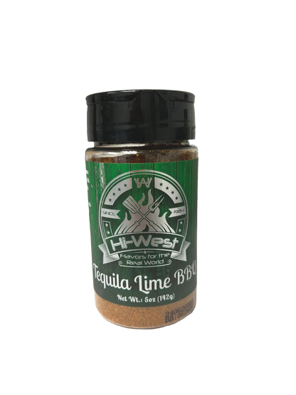 Hi-West Tequila Lime BBQ Seasoning jar showing colorful label with spices and herbs for grilling and marinating.