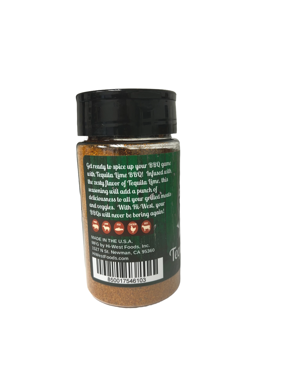 Hi-West Tequila Lime BBQ seasoning in a spice jar, featuring vibrant label with citrus and spice imagery for grilling flavor.