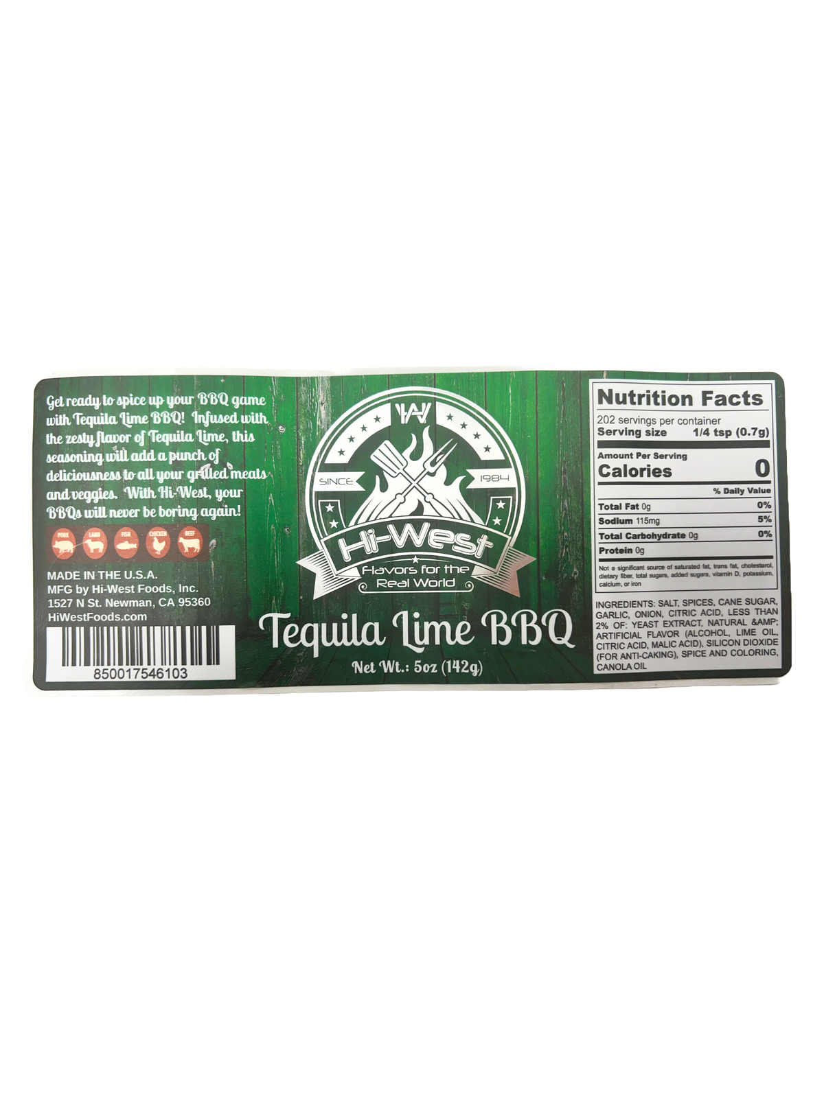 Hi-West Tequila Lime BBQ seasoning in a jar with fresh lime and chili peppers on a wooden surface.