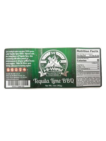 Hi-West Tequila Lime BBQ seasoning in a jar with fresh lime and chili peppers on a wooden surface.