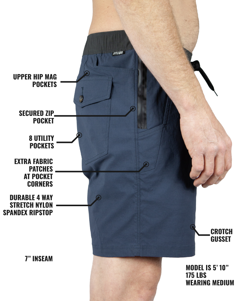Gray and blue Thunderbird shorts by Off The Grid Surplus, featuring a casual fit and adjustable waistband.