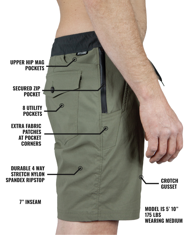Rye green Thunderbird shorts by Off The Grid Surplus, featuring a relaxed fit and durable fabric, displayed on a plain background.