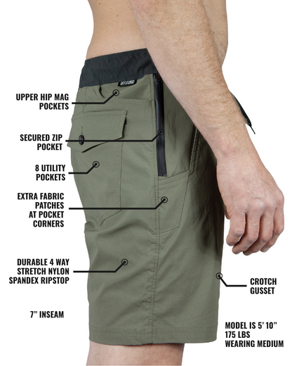 Rye green Thunderbird shorts by Off The Grid Surplus, featuring a relaxed fit and durable fabric, displayed on a plain background.