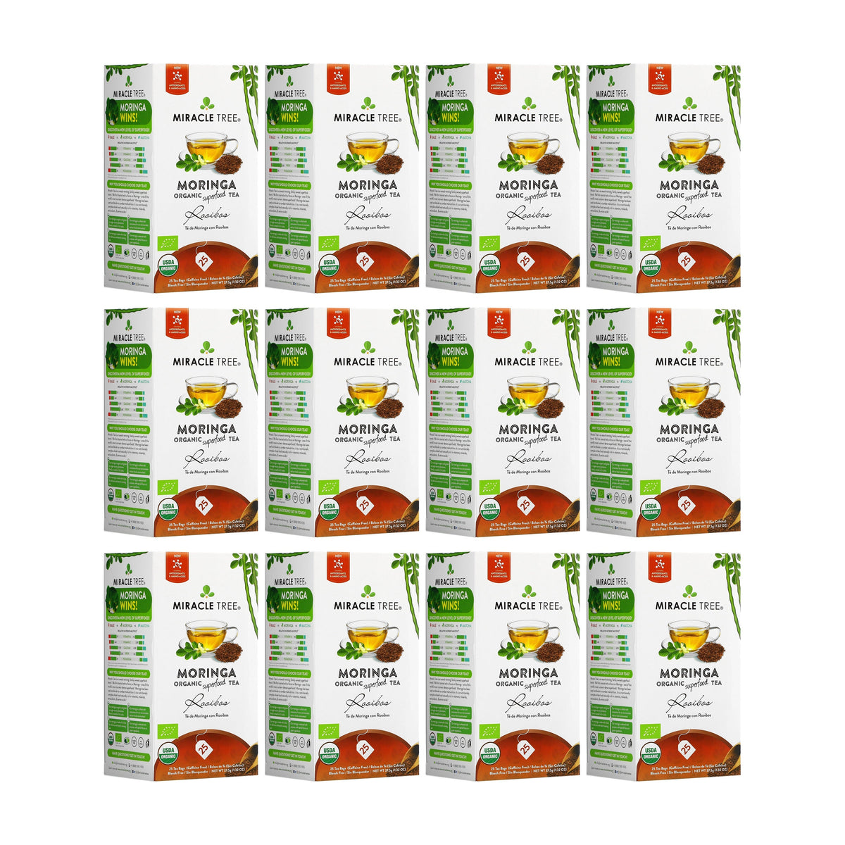 Organic Moringa and Rooibos herbal tea in a clear glass mug, showcasing its vibrant green and reddish-brown colors.