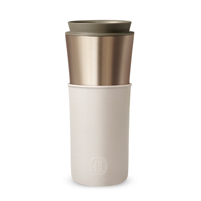 Hydy Metallic Fir Eucalyptus Travel Mug in silver with a black lid, 15 oz capacity, featuring a metallic finish and eco-friendly design.