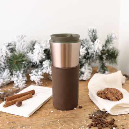 HYDY Metallic Fir Mocha 15 oz travel mug with a sleek metallic finish and secure lid, suitable for on-the-go coffee.