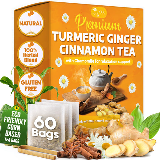 FreshDrinkUS herbal tea with turmeric, ginger, cinnamon, and chamomile flowers in eco-conscious tea bags, supports digestion, sleep, and skin.