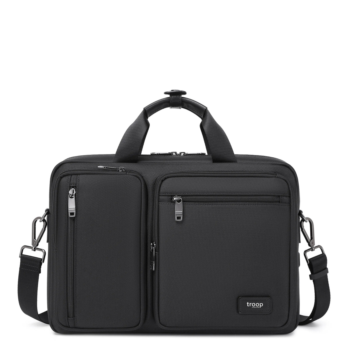 Troop London black business laptop briefcase, stylish and professional with padded compartments for laptops and documents.