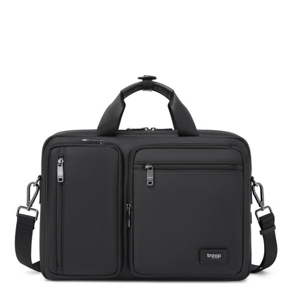 Troop London black business laptop briefcase, stylish and professional with padded compartments for laptops and documents.