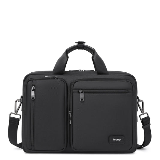 Troop London black business laptop briefcase, stylish and professional with padded compartments for laptops and documents.