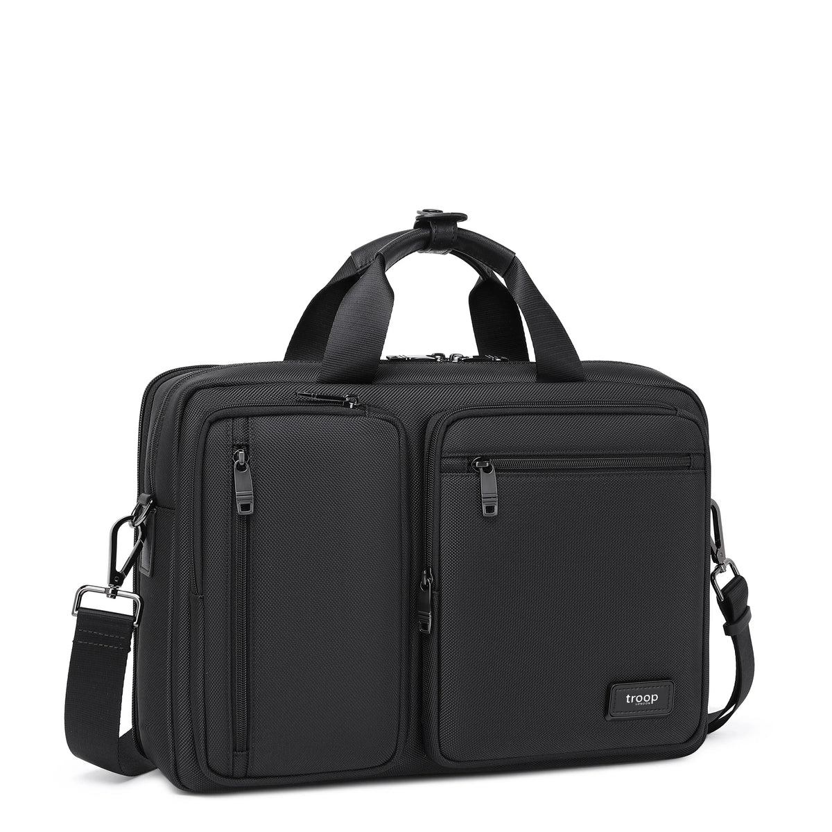 Black Troop London business laptop briefcase, stylish and professional with sturdy handles and a sleek design.