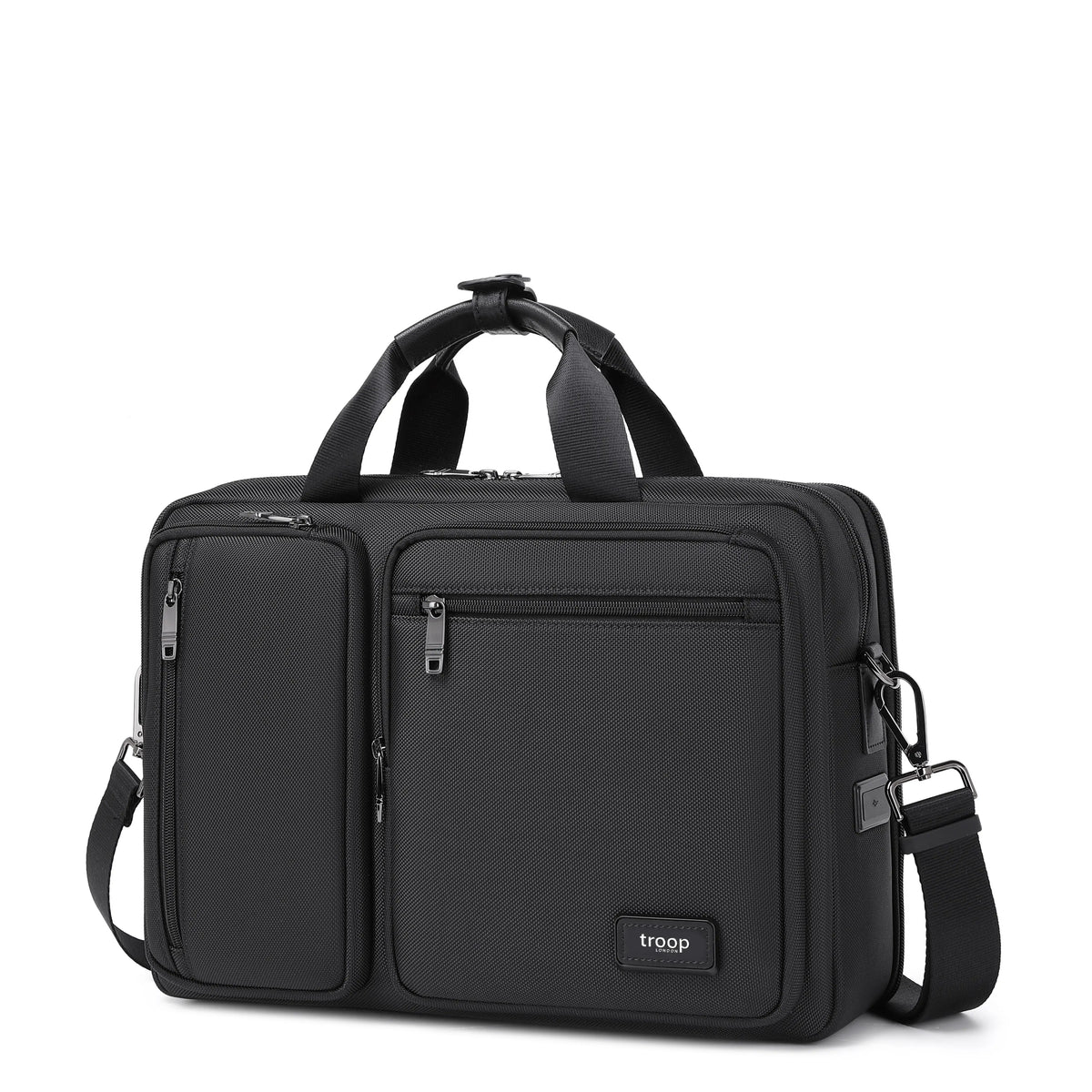 Black Troop London business laptop briefcase, sleek and professional with sturdy handles and a secure zipper closure.