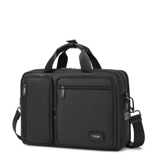 Black Troop London business laptop briefcase, sleek and professional with sturdy handles and a secure zipper closure.