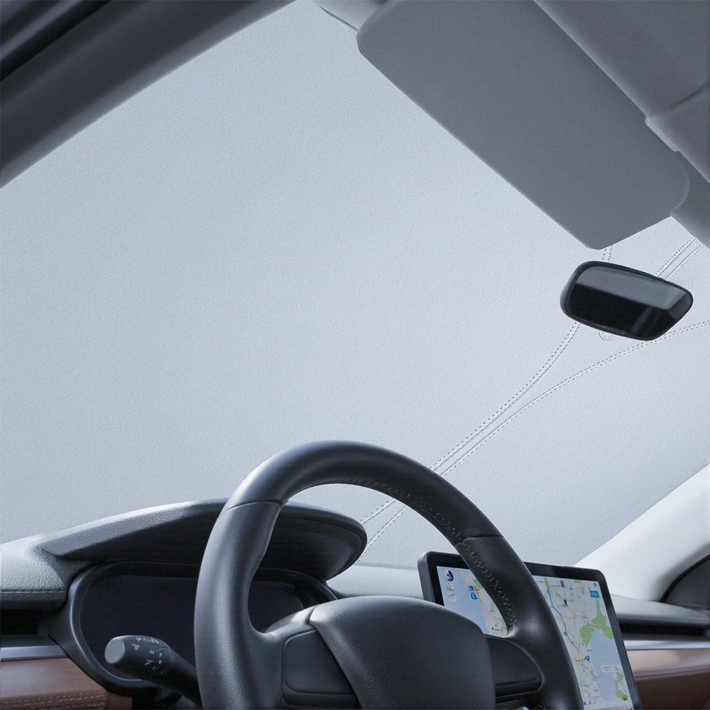 Graphene front windshield sunshade for Tesla Model 3 Highland and Model Y Juniper, protecting interior from heat and UV rays