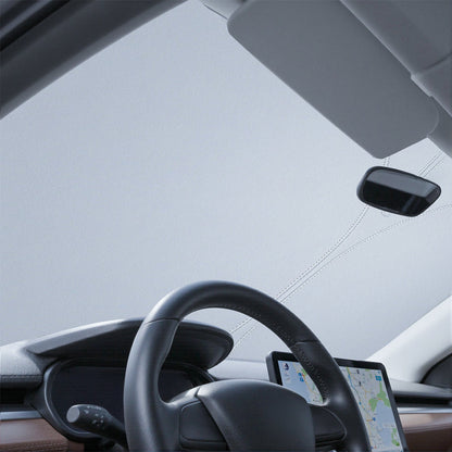 Graphene front windshield sunshade for Tesla Model 3 Highland and Model Y Juniper, protecting interior from heat and UV rays