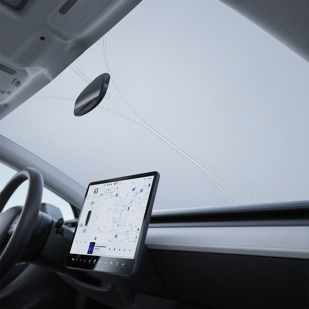 Graphene front windshield sunshade for Tesla Model 3 Highland and Model Y Juniper, blocking sunlight and heat.